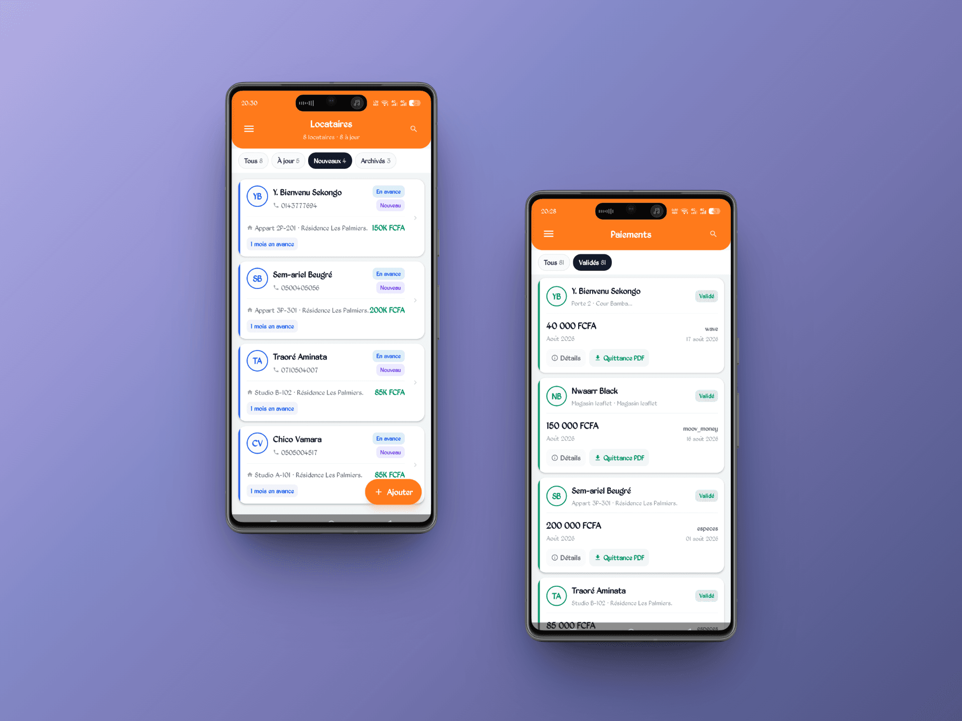 Interface affichage des locataire et paiement reçu Mobile Money, wave, ect