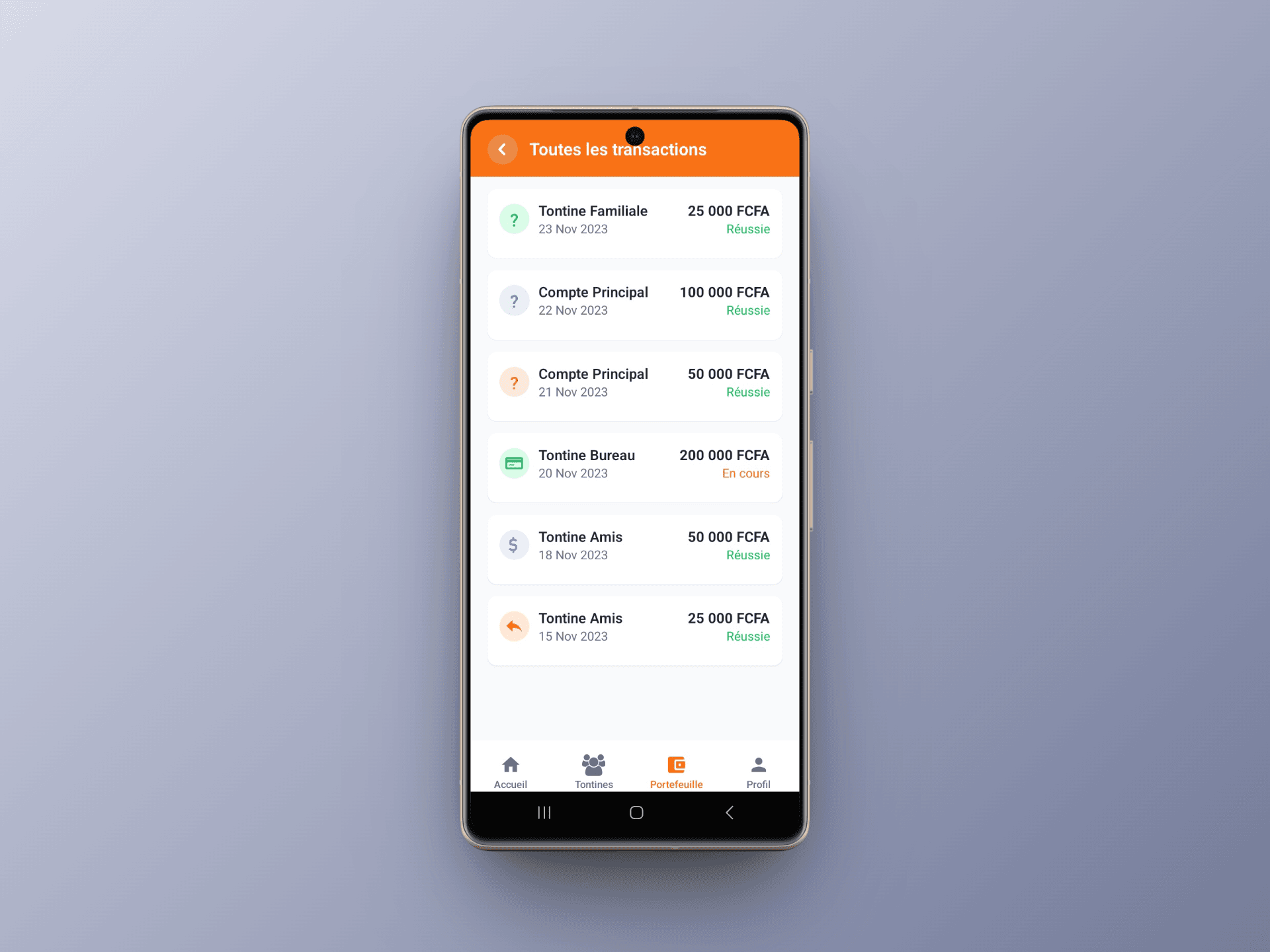 Interface toutes les transactions